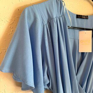 Blue Wedding Guest Midi Dress Shoulder Detail NWT